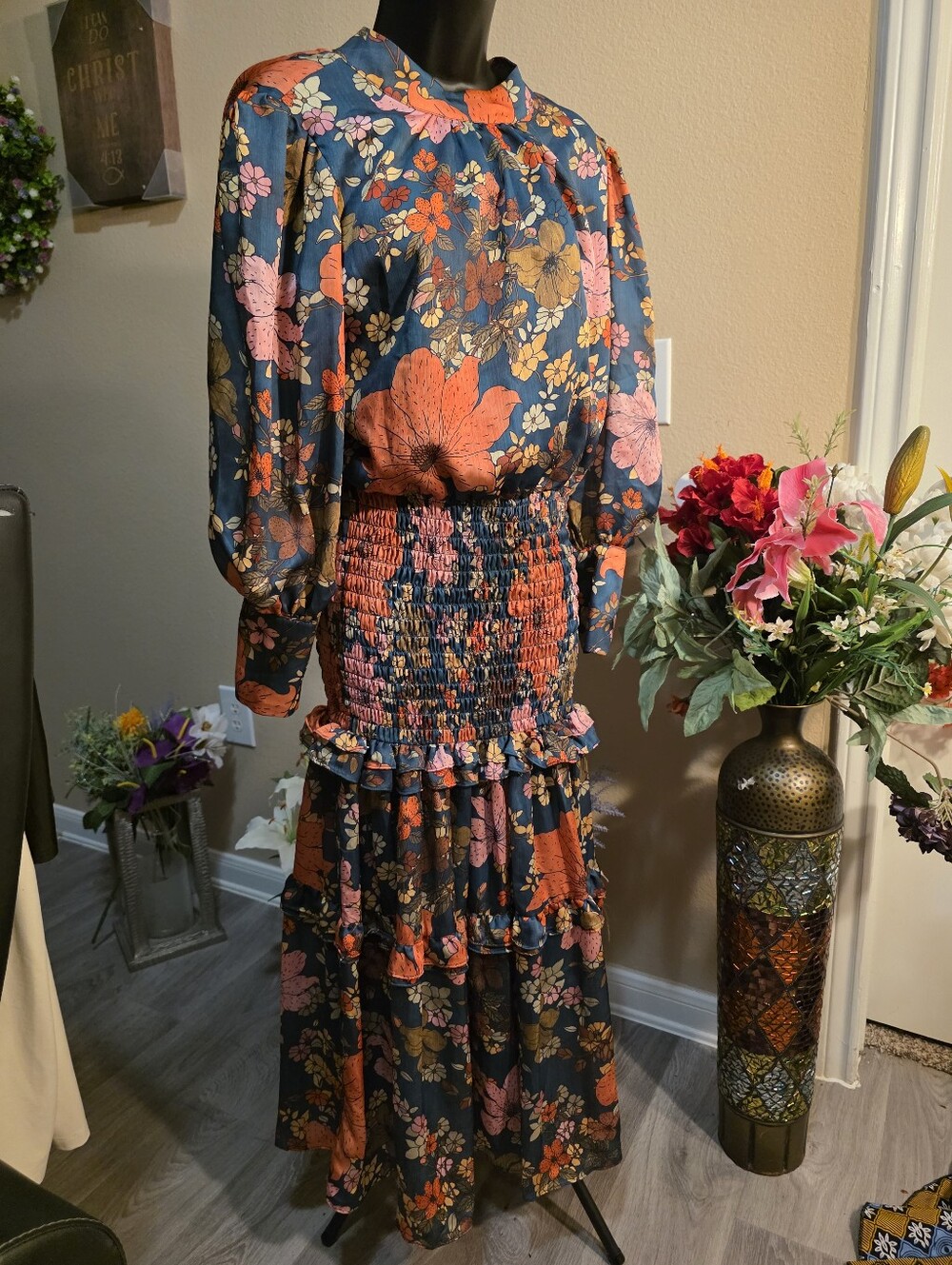 Bohemian Floral Maxi Dress with Smocked Waist - Navy & Coral
